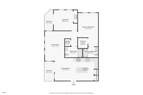 Floor plan for 2 beds, 2 baths, 1214 sqft
